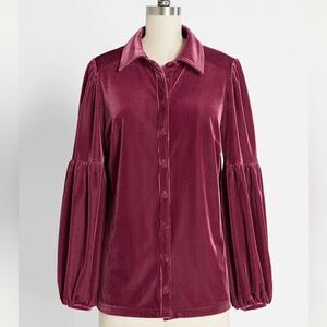 Modcloth Here For the Drama Button Up Corduroy Velvet Top Balloon Sleeve Wine S